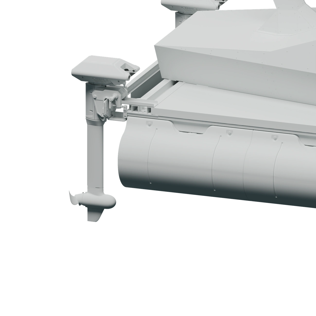 Close view of the surface vehicle’s motor mount, frame and pontoon connections. Illustration.