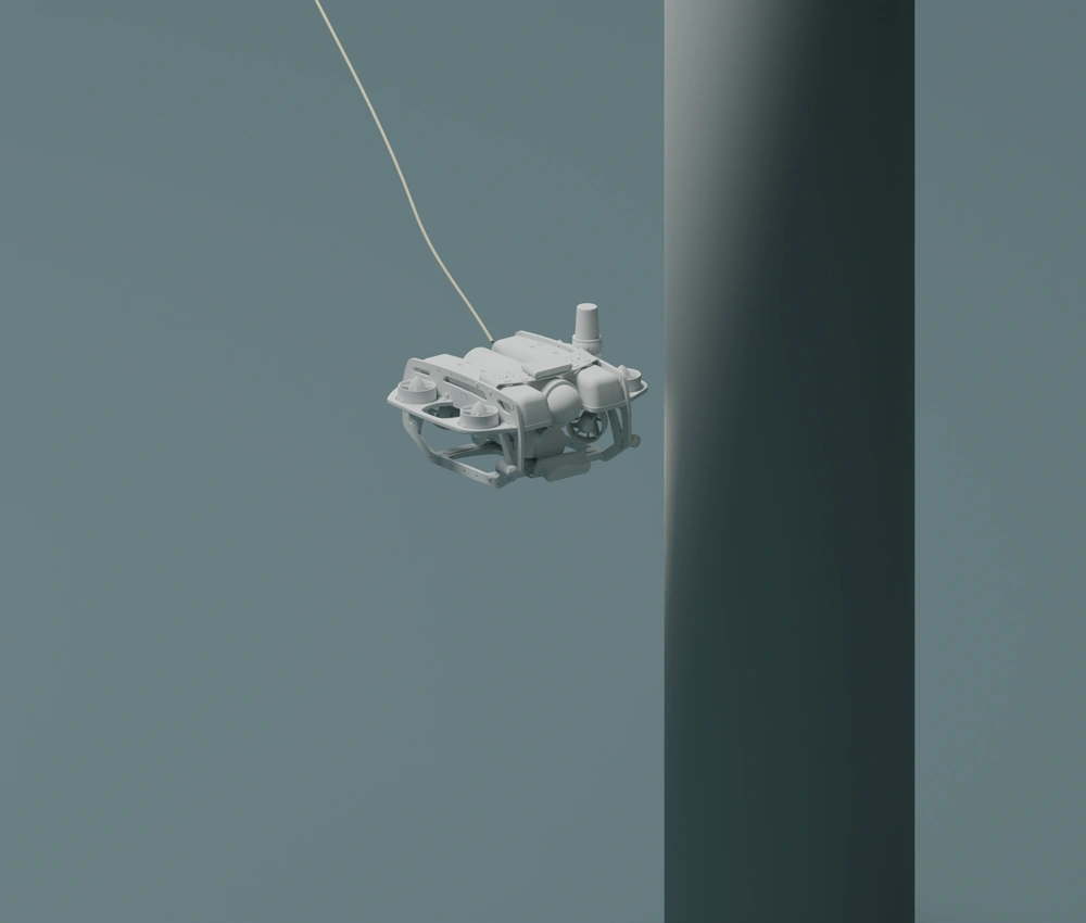 ROV facing a submerged pile in the inspection detail render.