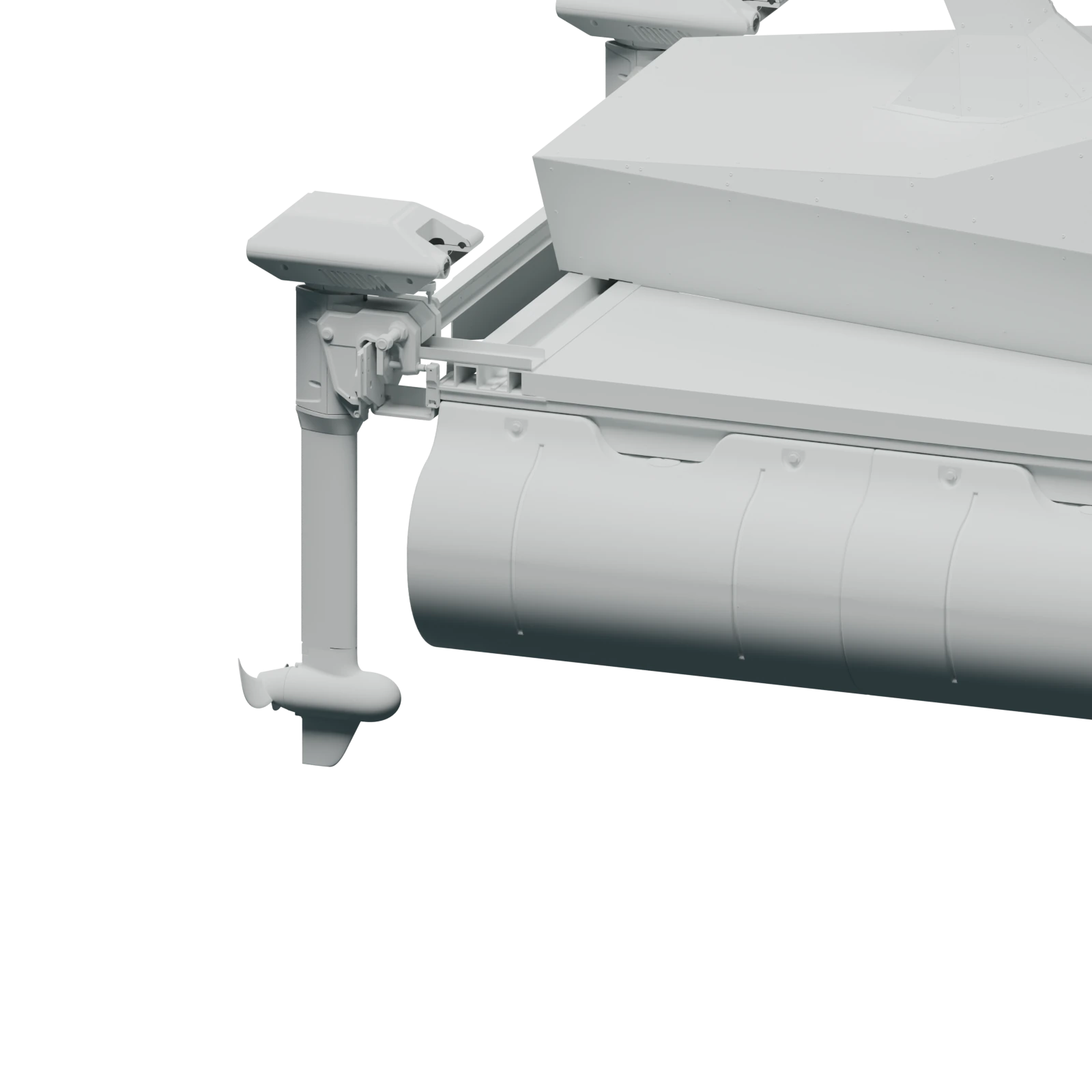 Close view of the surface vehicle’s motor mount, frame and pontoon connections. Design render.