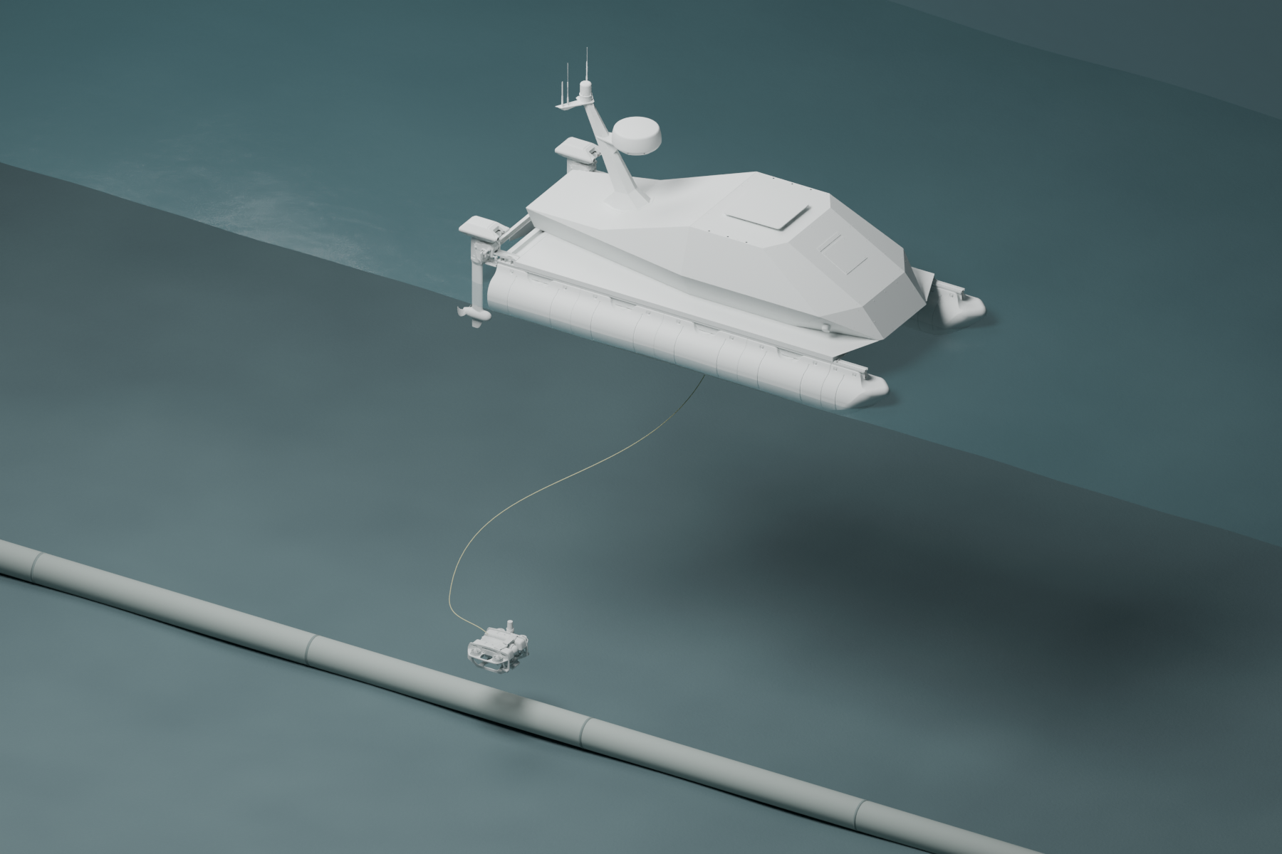 The surface vehicle supports its tethered ROV over a seabed pipeline.